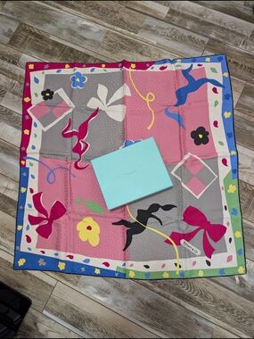 Tiffany & Co. Colorful Silk Scarf with Pink/ Yellow Floral Motif and Black Trim